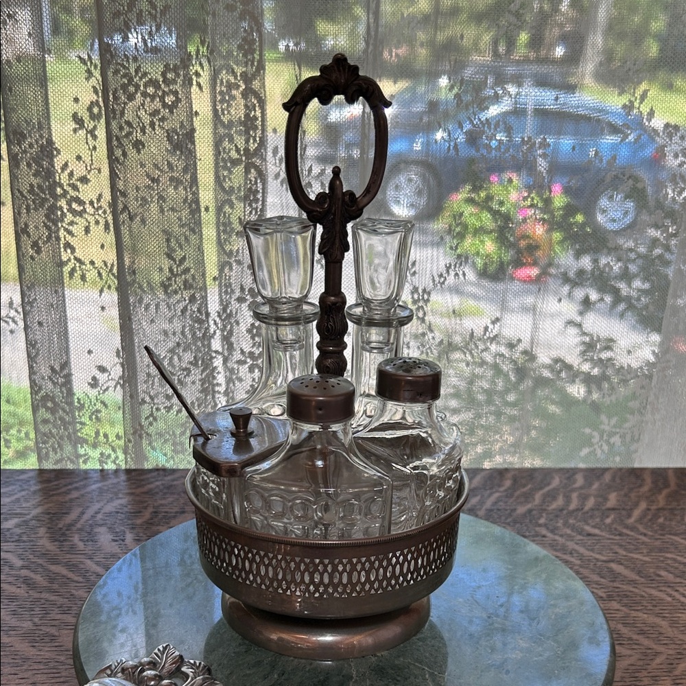 Wales of Sheffield Vintage Silverplate Cut Glass Cruet Set Made in Italy